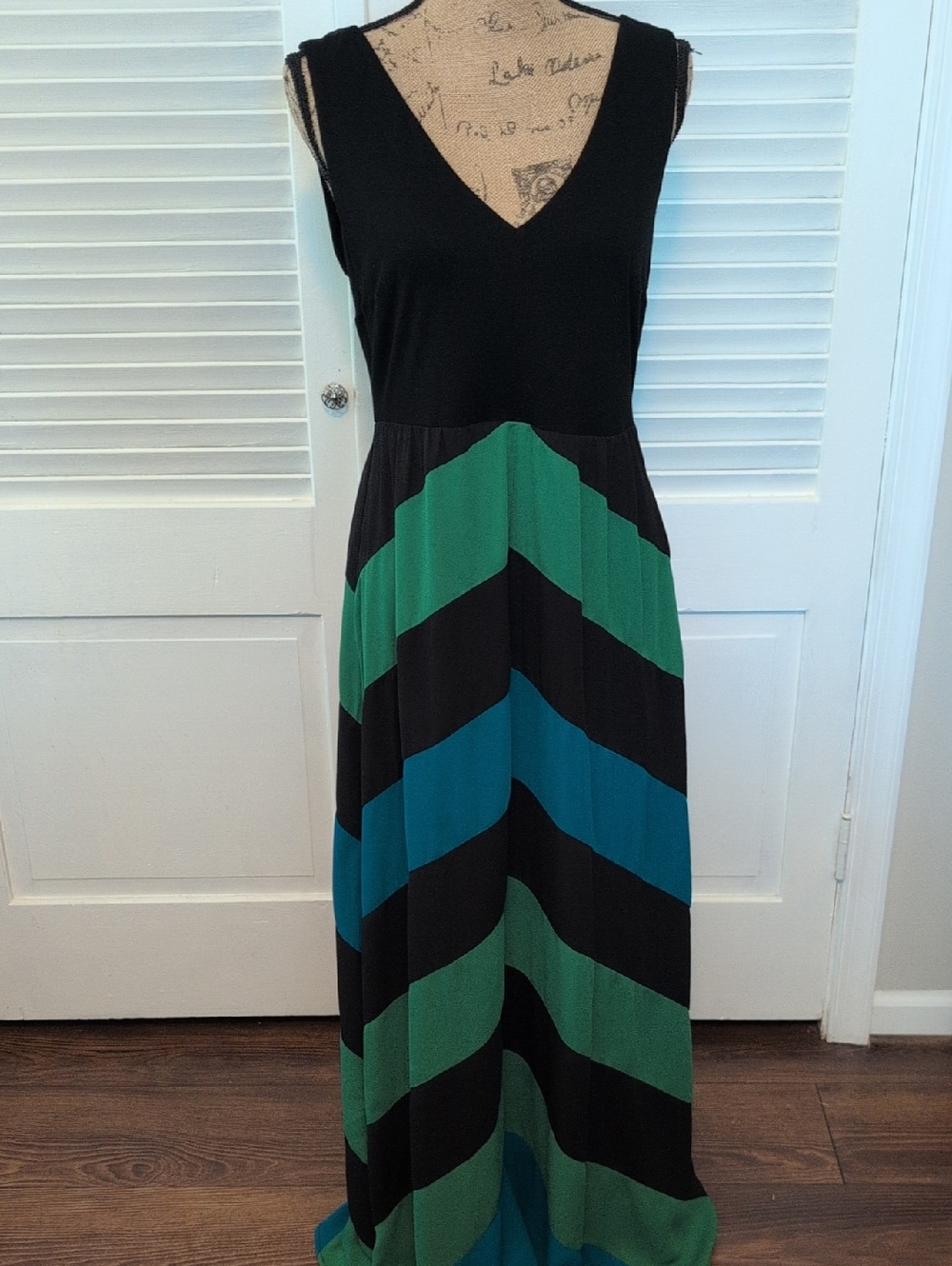 INC International Concepts Black Maxi Dress with Green and Teal Chevron Stripes